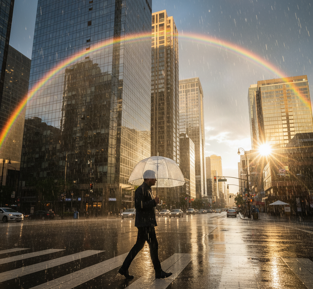homem com guarda chuva caminhando na faixa de pedestre em um dia com oscilação de temperatura