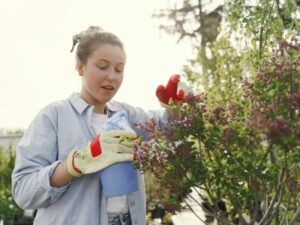 menina loira com uma camisa azul, luvas brancas e um borrifador de água aplicando em algumas flores e cuidando com as alergias de primavera 