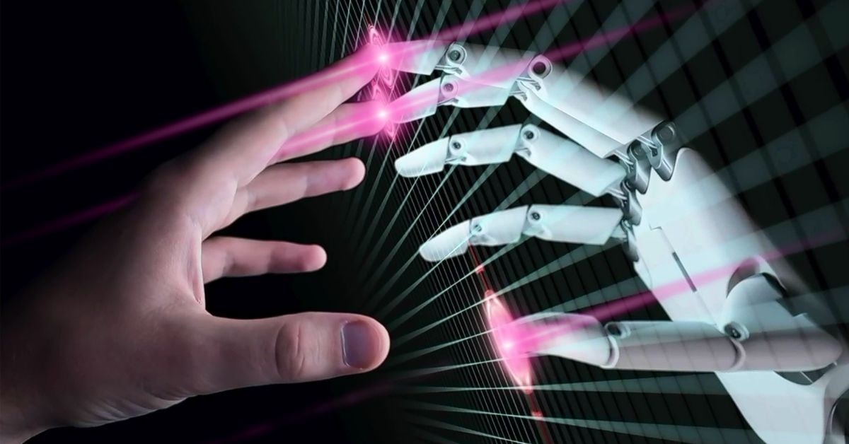 mão humana tocando em uma mão robô, questionando o impacto da tecnologia no futuro da humanidade
