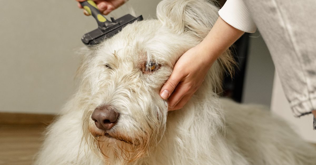 um cachorro branco sendo escovado pelo seu tutor, que esta aplicando a rotina de cuidados com seu pet