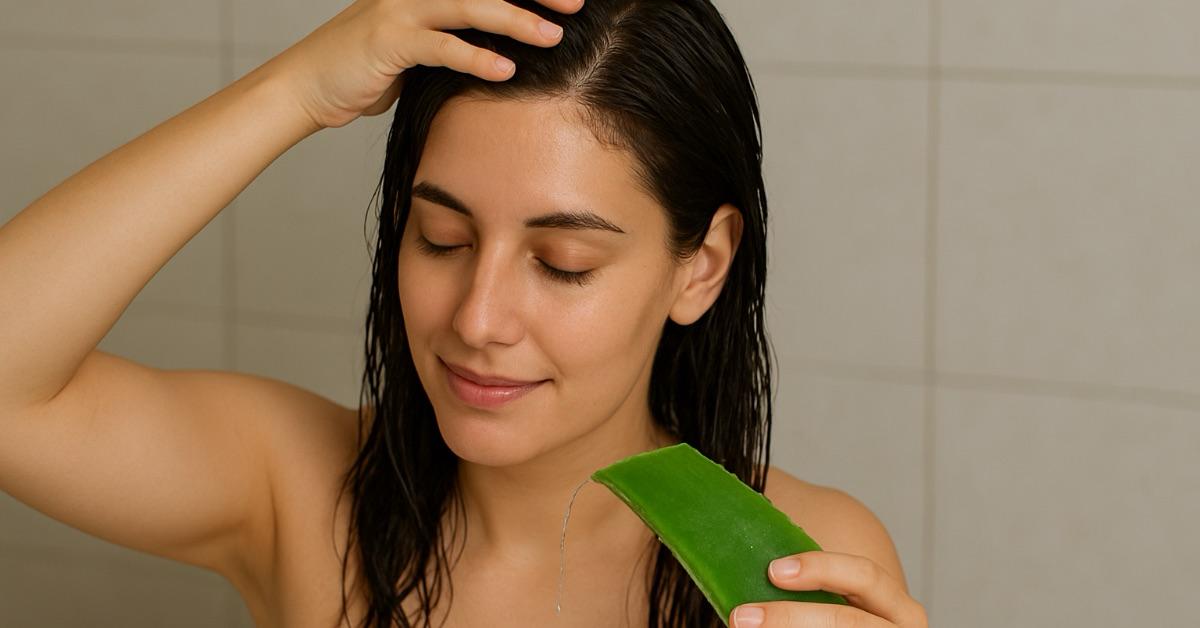 Mulher no banho lavando os cabelos e segurando babosa para hidratar os cabelos