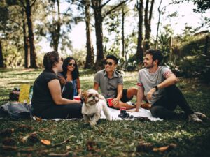 Dois homens e duas mulheres sentados sobre uma toalha em um campo com socializando entre si com um cão pequeno. 