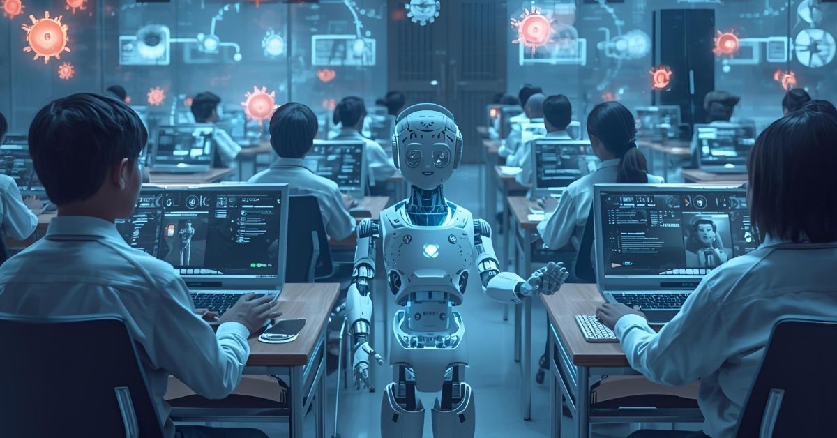 Uma sala de aula mostrando o uso da inteligência artificial na educação